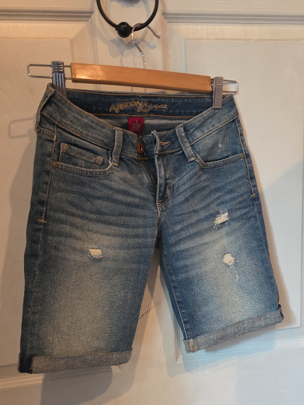 Womens Light Blue Distressed Denim Bermuda Shorts